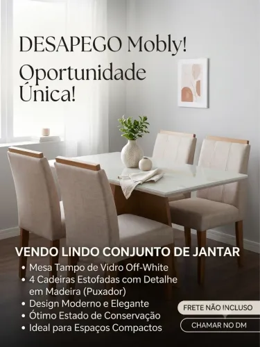 Conjunto Mesa de Jantar Off-White com 4 Cadeiras Estofadas (Puxador em Madeira) - Mobly