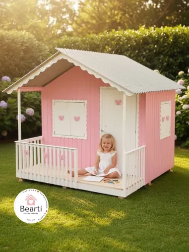 Casinha de boneca e madeira cor de rosa