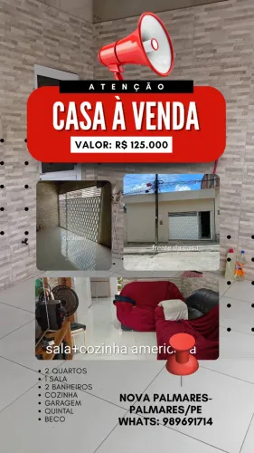 VENDO CASA LOCALIZADA NO BAIRRO DE NOVA PALMARES PALMARES/PE NA RUA RODERICK DA ROCHA LEÃO