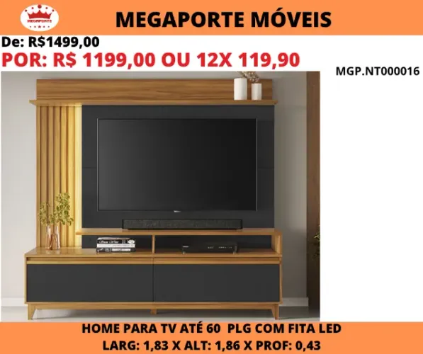 Painel Home 1,83 para Tv até 60Plg com Fita de Led