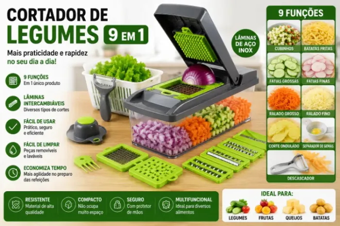 Cortador de Legumes 9 em 1 Multifuncional - Caixa Fechada com 32 Unidades