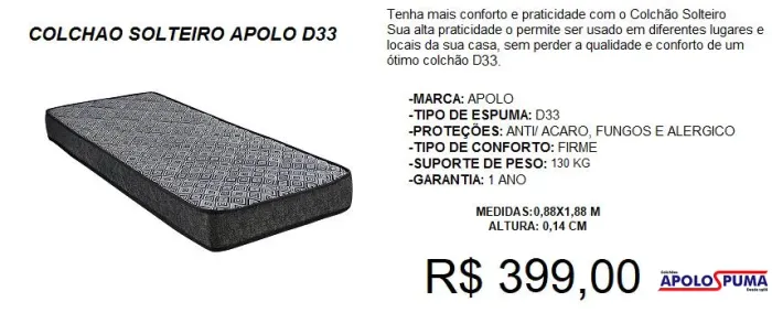 colchao solteiro apolo d33- Entrega gratis