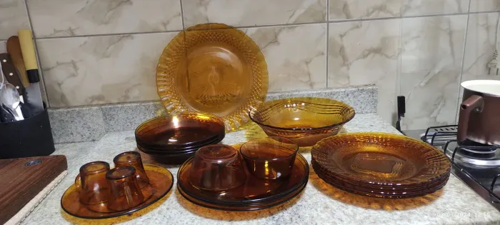 Lote Louça Antiga Vidro Âmbar / Caramelo Retro Vintage Duralex - 16 Peças