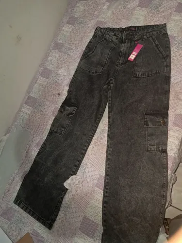 Calça Cargo Jeans Feminina Wid Leg Pantalona