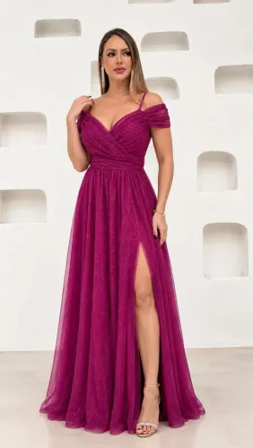 Vestido Longo - Fúcsia com Brilho e Fenda (Novo)