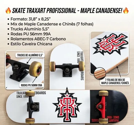 Skate Profissional Traxart Maple Canadense - semi novo