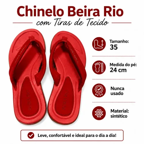 Chinelo de Dedo Beira Rio | Tiras de Tecido | Vermelho | Nunca Usado | Tamanho 35