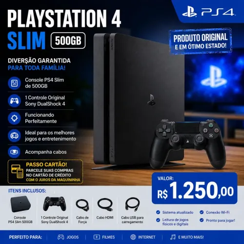 ? PS4 Slim 500GB+ 2 Controles Sendo 1 Controle Original