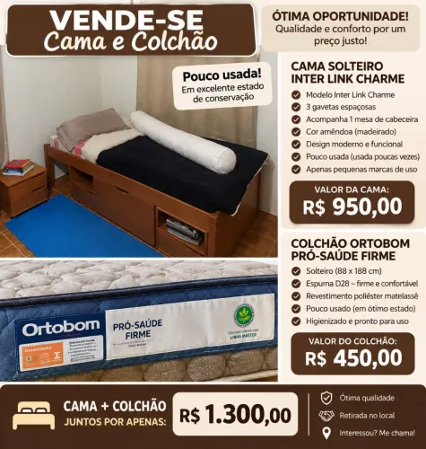 cama de solteiro Inter Link Charme, com 3 gavetas + mesa de cabeceira + colchão Ortobom.