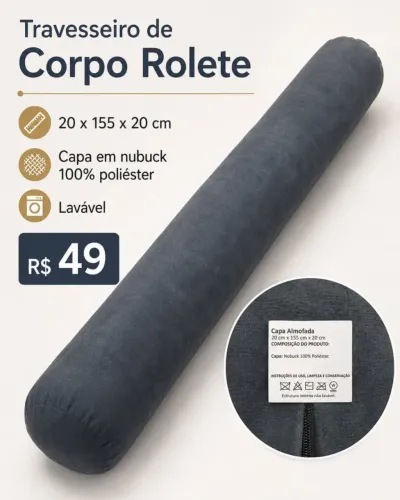 Travesseiro De Corpo Rolete Almofada Grande Lavável Cinza