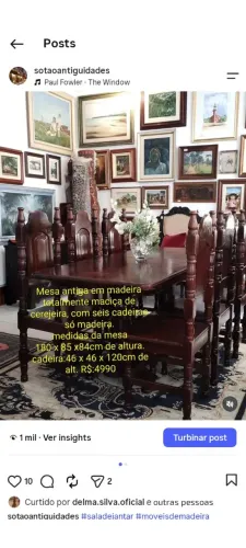 Mesa de jantar com 6 cadeiras, madeira maciça cerejeira.