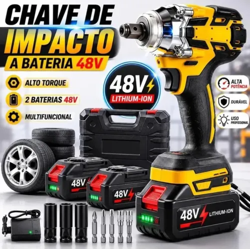 Chave de Impacto Sem Fio 320NM 48V de Alto Desempenho com 2 Baterias Recarregáveis Nova