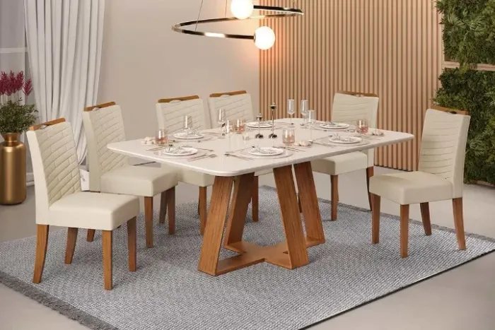 Mesa C/6 Cadeiras 160cm Tampo Madeirado Vidro Retangular Dividimos Em Até 10x Sem Juros