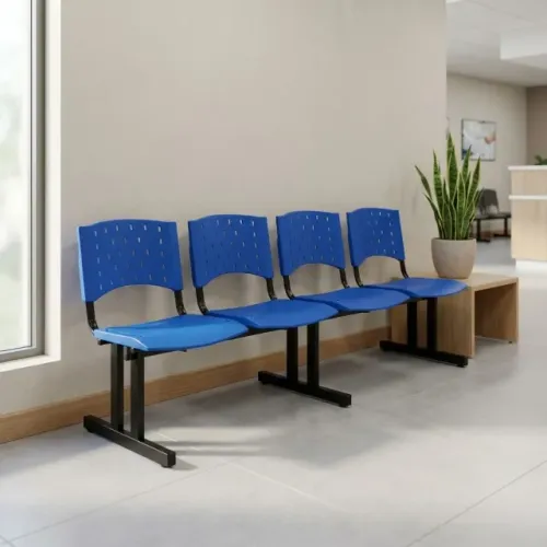 Cadeira Longarina Plástica 4 Lugares Azul Estrutura Aço Resistência Garantida 33008