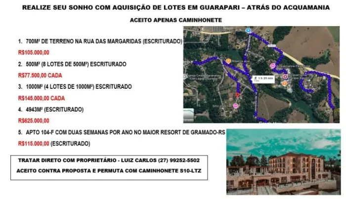 TERRENOS EM GUARAPARI SITIO-CHACARÁ 500m², 1000m², 2000m², 3000m², 4000m² e 4943m²
