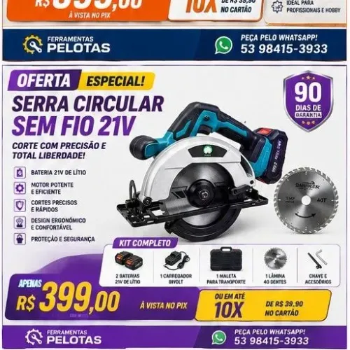 Serra Circular Sem Fio 21V 7.1/4" com 2 Baterias, Maleta e Carregador