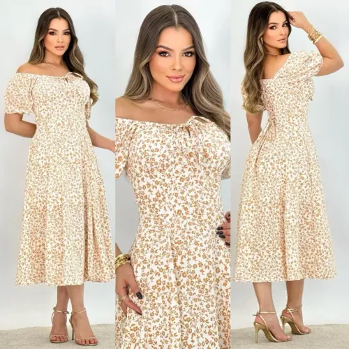 Vestido camponesa midi com elastex cruzado nas costas (M)