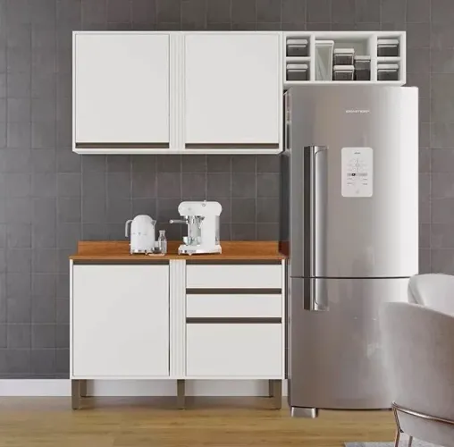 Balcão 1.20 + Aéreo 2 Portas 1.20 + Armário de geladeira Pérola Branco rf54