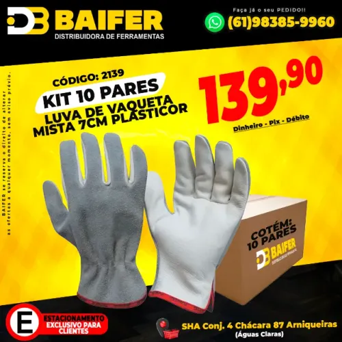 Kit 10 Pares Luva de Vaqueta Mista 7Cm Plasticor
