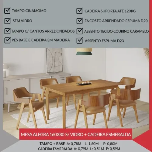  MESA ALEGRA 160X80 S/ VIDRO + 6 CADEIRAS ESMERALDA $3.998,00