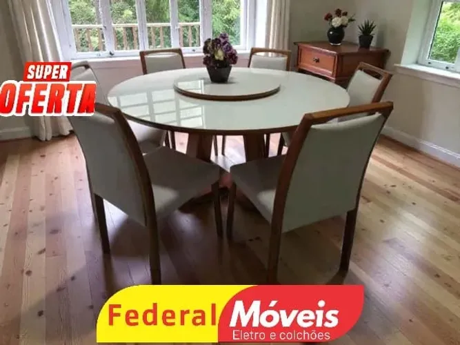 Mesa de Jantar 1,50m Diâmetro C/ 4 Cadeiras em Linho (ENTREGA HOJE) ENTRE EM CONTATO