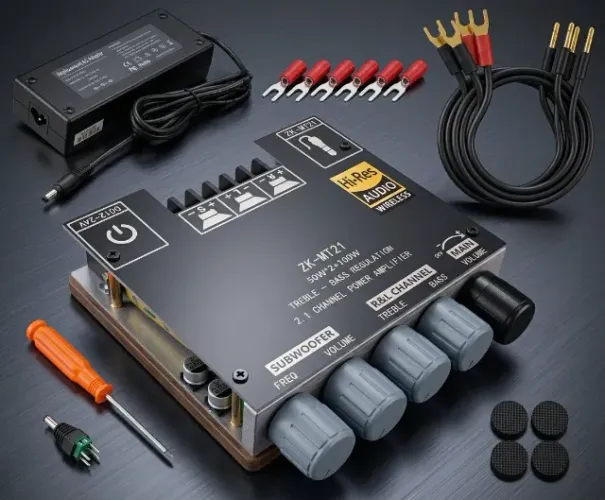 Placa Amplificador 2.1 Bluetooth 200w Rms Zk-mt21 com Fonte 24V-5A Cs8673 Firmware 2026
