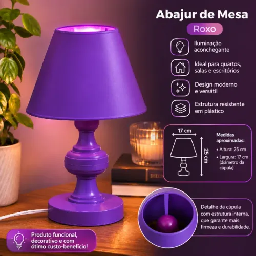 Abajur Roxo de Mesa 25cm - Luminária Decorativa