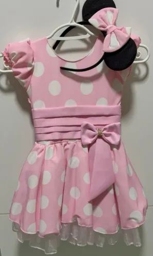 Vestido festa em tule da Minnie rosa com tiara
