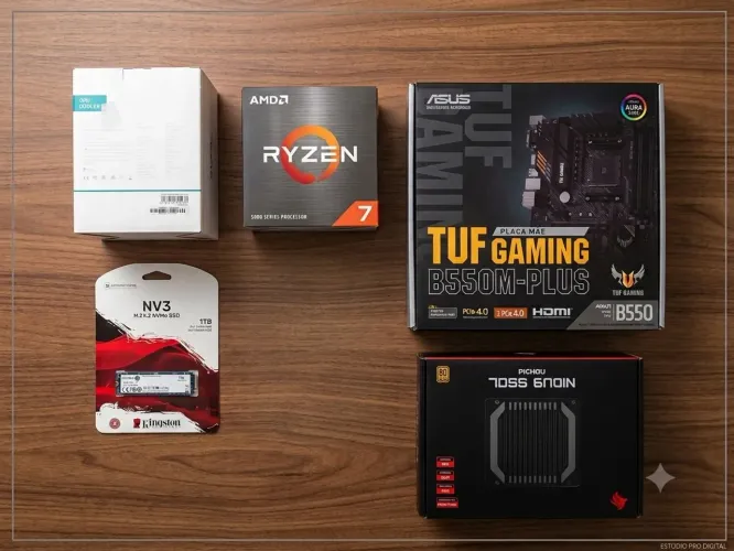 Combo Hardware High-End: Ryzen 7 + Placa Mãe B550M TUF + SSD NV3 1TB + Nidus 650L