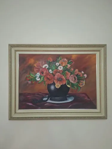Quadro pintado a mão com moldura em madeira, provençal .Conservada