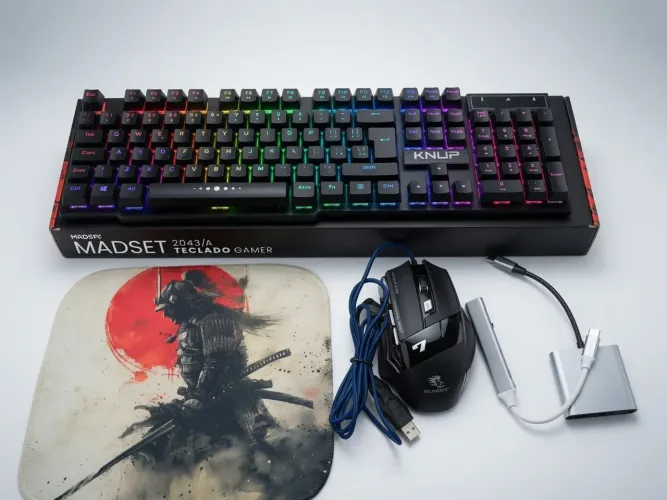 Kit Gamer Completo Mouse Yelandar X7 + Teclado RGB KNUP Madset + Mousepad Samurai