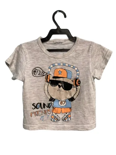 Camiseta Infantil Menino Cinza Urso com Fone, Tamanho 2
