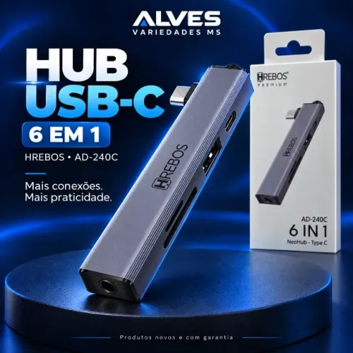 AD-240C - HUB Tipo C 6 em 1 com USB TYPE C Leitor de Cartão Áudio P2