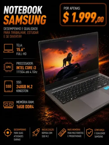 Notebook Samsung i3 1115G4 4.10GHz / Mem 16Gb / SSD 256Gb M.2 / Tela 15.6" Full-HD