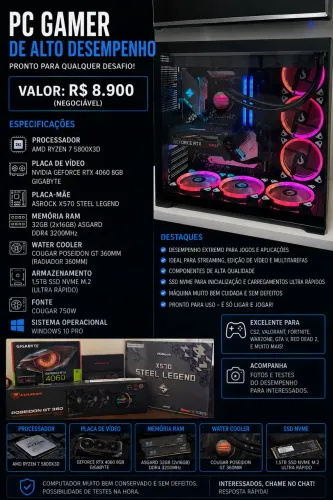 PC Gamer de Alto Desempenho - Ryzen 7 5800X3D + RTX 4060 + 32 GB RAM