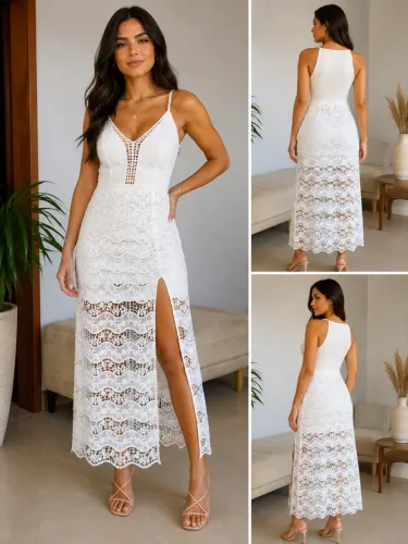 Vestido Midi de Renda Branco Karmani - Elegante e Sofisticado