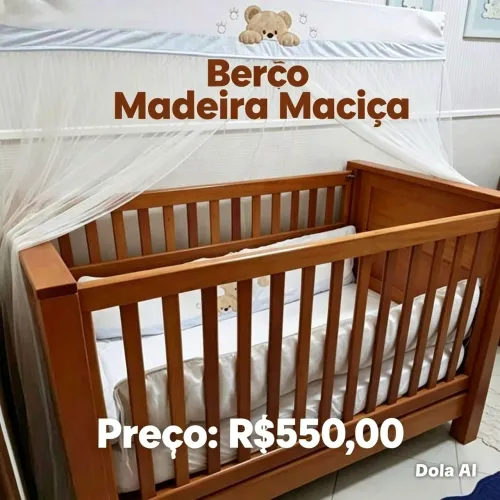 BERÇO DE MADEIRA MACIÇA + COLCHÃO