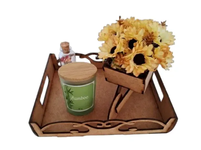 Kit com Vela 50 g Bamboo, Bandeja, Carriola Florida e Porta-fósforos