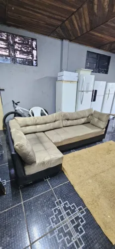 sofa de canto corino preto com tecido suede champanhe limpo higienizado ((ENTREGO GRATIS