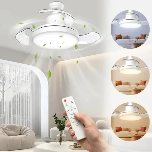 Ventilador De Teto Com Lâmpada Led E Controle Remoto 46cm Silencioso 3 Pás Retráteis E27