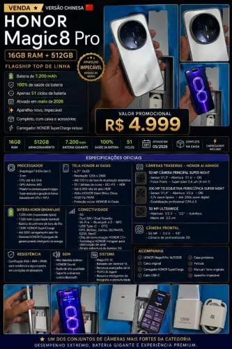 HONOR MAGIC 8 PRO ? 16GB + 512GB IMPECÁVEL COMPLETO ZERO!!