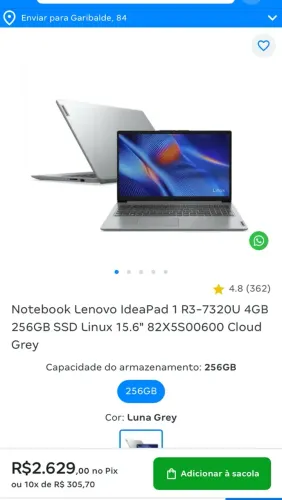 Notebook Lenovo IdeaPad 1 R3-7320U 4GB 256GB SSD Linux 15.6" 82X5S00600 Cloud Grey