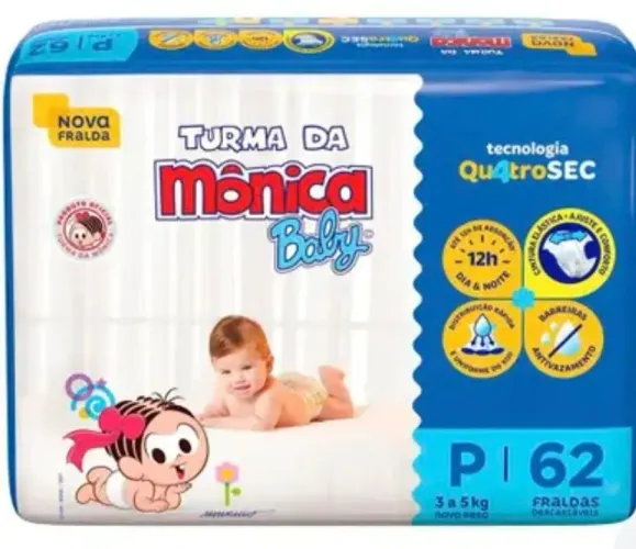 Dois pacotes de Fralda Turma da Mônica, tamanho P, 62 unidades cada, totalizando 120 un