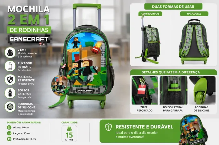 ? Mochila de Rodinhas 2 em 1 Escolar Infantil Gamecraft - Nova
