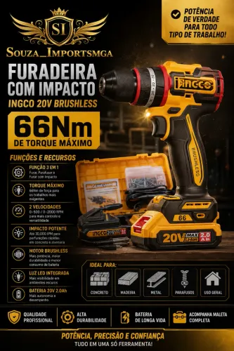 Parafusadeira e furadeira com impacto 66Nm de potência