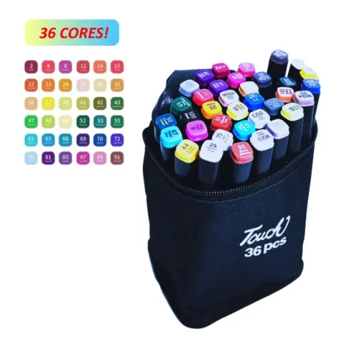 LOTE com 50 CANETA KIT MARCADOR TOUCH PONTA DUPLA - 36 CORES + ESTOJO ORGANIZADOR