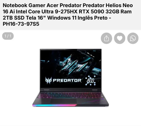Notebook Gamer Acer Predator Helios Neo 16 - RTX5090/32gb/2tb