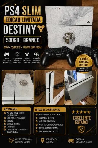 PS4 Slim Branco Destiny 500GB + 3 Controles + 4 Jogos | Raridade