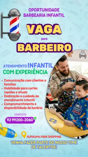 Vaga para barbeiro em barbearia KIDS