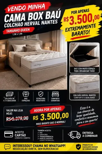 CAMA BOX BAÚ QUEEN + COLCHÃO HERV?AL NANTES ? NOVA, SEM USO, POR R$ 3.500!